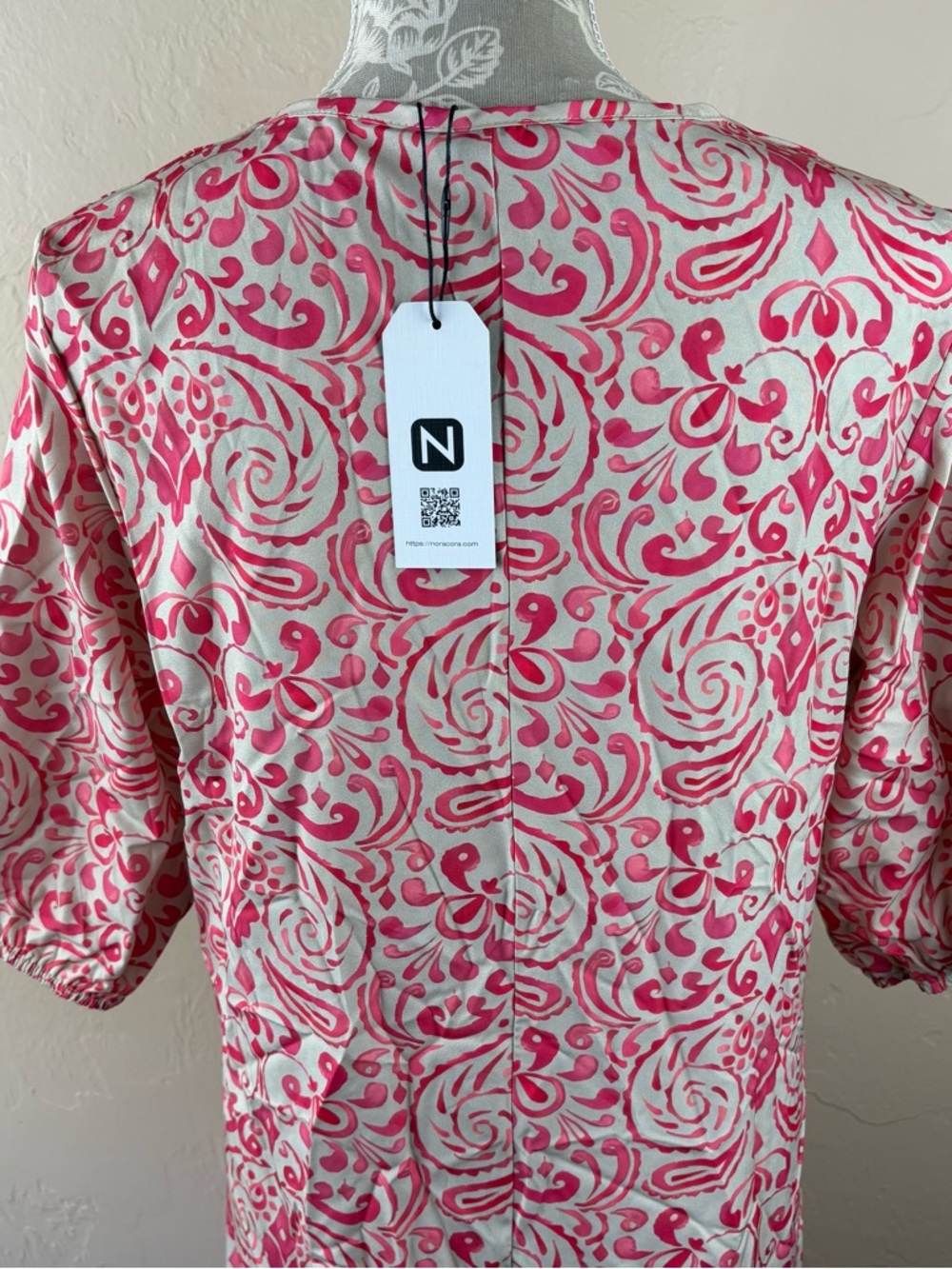 NWT Noracora Coral Pink Printed Maxi Dress Elbow Length Short Sleeves Size Large - Picture 6 of 12